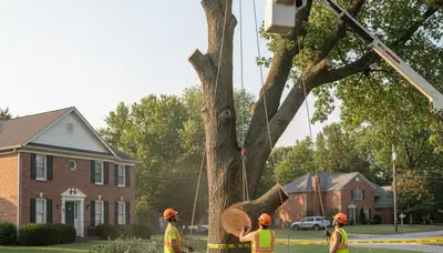 Professional tree removal crew using bucket truck and chainsaws at Louisville KY residential property