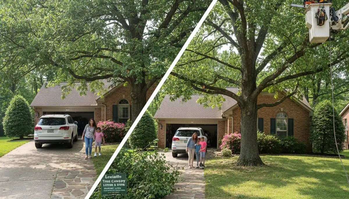 Arborist lifting tree canopy for driveway clearance in Louisville KY during professional tree trimming service