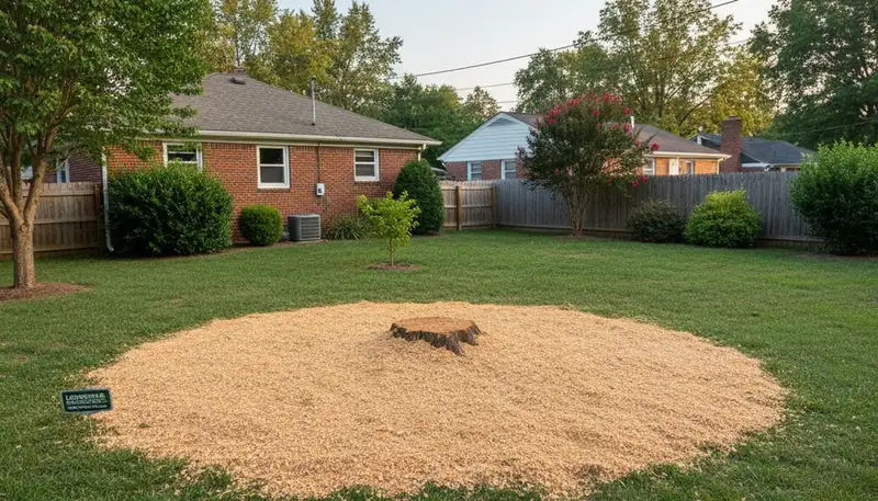 Finished stump grinding cleanup in Louisville KY showing level yard ready for new sod or landscaping