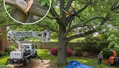 Arborist removing dead branches from mature tree in Louisville KY with safety gear and pro trimming tools
