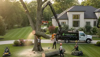 Professional lawn care team mowing and maintaining green lawns in Louisville, KY