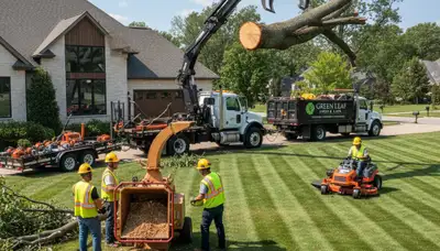 Professional lawn care and tree removal team working in Louisville, KY yard