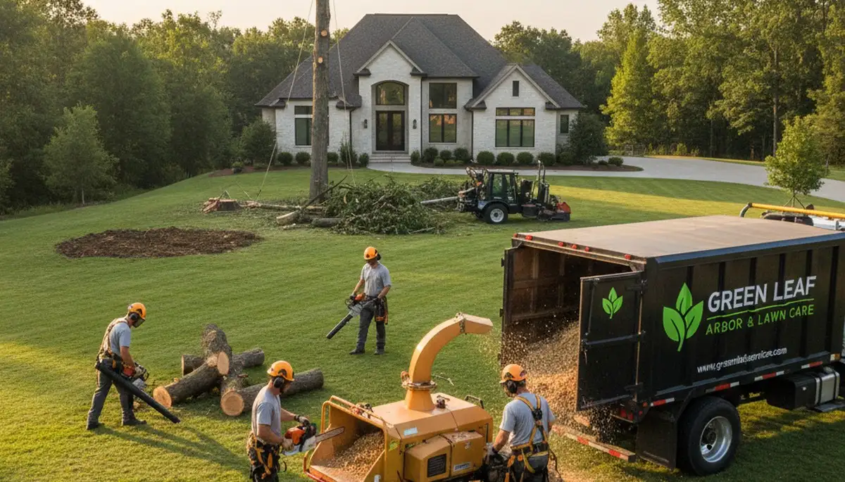 Professional lawn and tree service team working in Louisville, KY yard