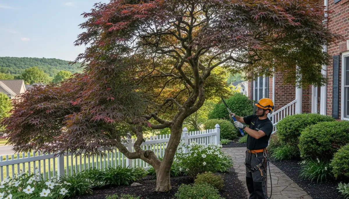 Arborist hand pruning ornamental Japanese maple for tree shaping in Louisville KY residential landscape