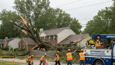 Emergency tree removal after storm damage in Jeffersonville IN near Louisville KY restoring property safety
