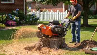 Professional stump grinding service removing tree stumps in Brooks near Louisville KY for lawn restoration