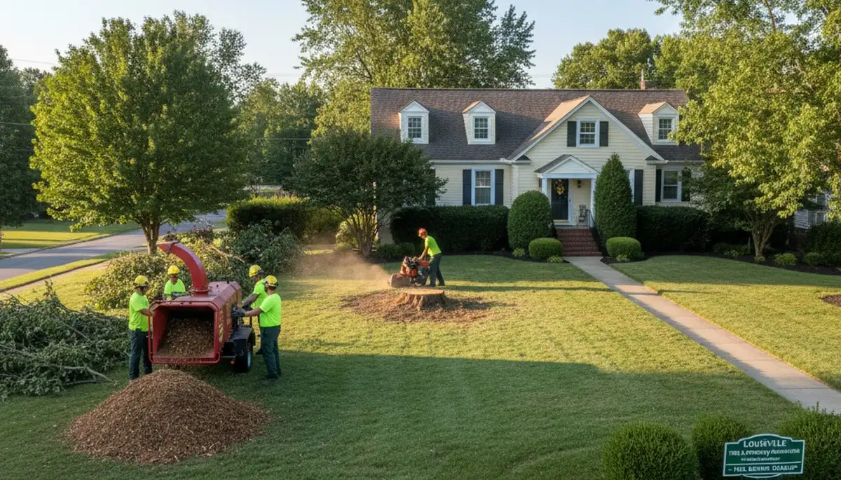 Complete tree removal and yard restoration with cleanup in Louisville, KY residential property