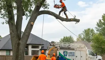 Professional tree removal service in Louisville, KY safely cutting down a large damaged oak tree