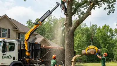 Professional tree removal service team in Louisville, KY trimming large oak safely