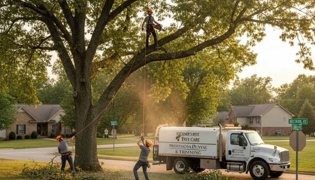 Professional tree removal service in Louisville KY safely cutting large oak tree