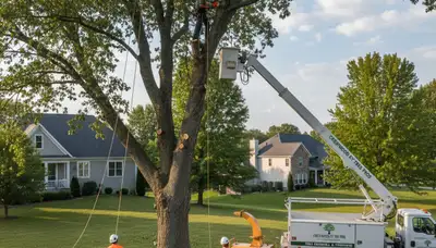 Professional tree removal service in Louisville KY safely cutting large oak tree on residential property
