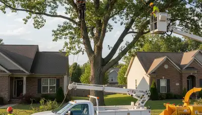 Professional tree removal service in Louisville KY safely cutting and clearing large oak tree