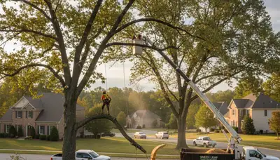 Professional tree removal service crew working safely in Louisville KY residential neighborhood