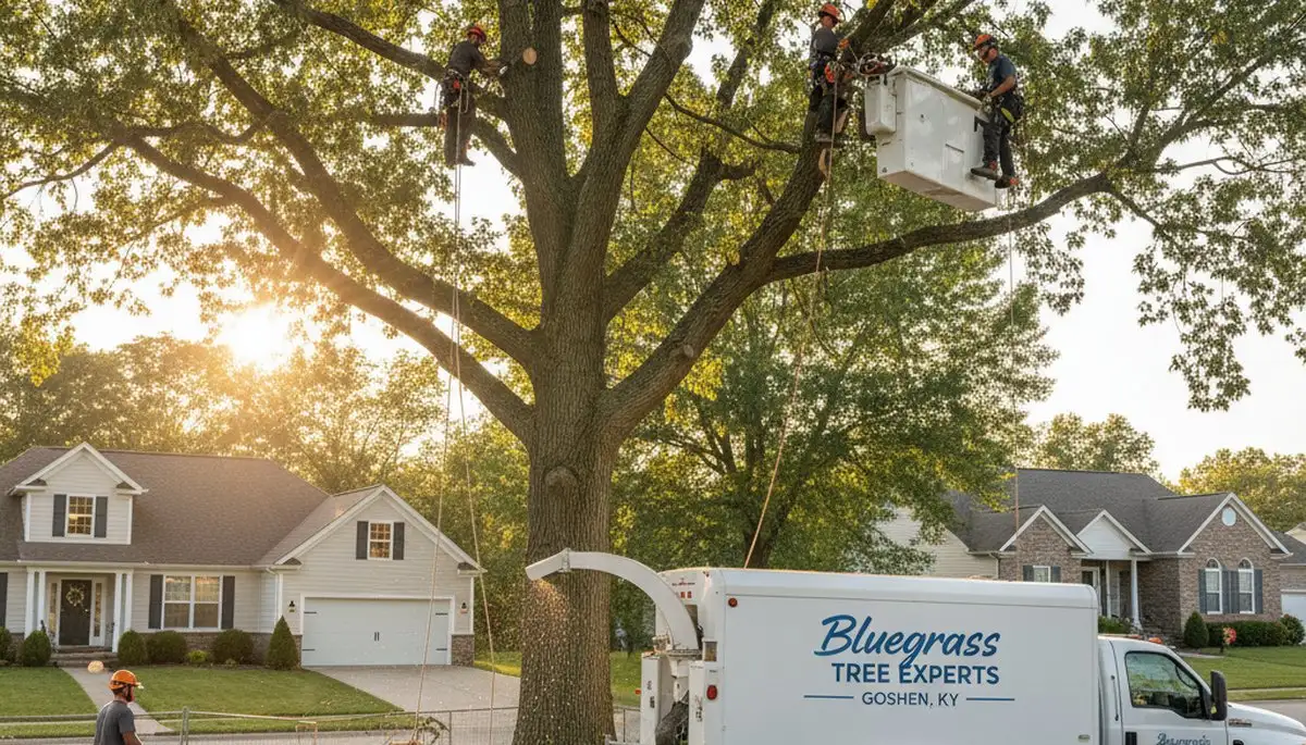 Professional tree removal service in Louisville KY safely cutting and clearing large oak tree