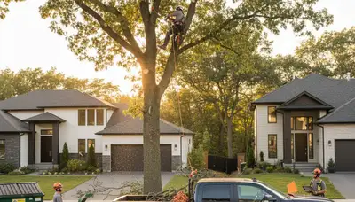 Arborist trimming oak tree branches in Louisville KY yard for professional tree care service