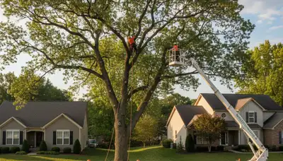 Professional tree removal service in Louisville KY safely cutting large oak near residential home