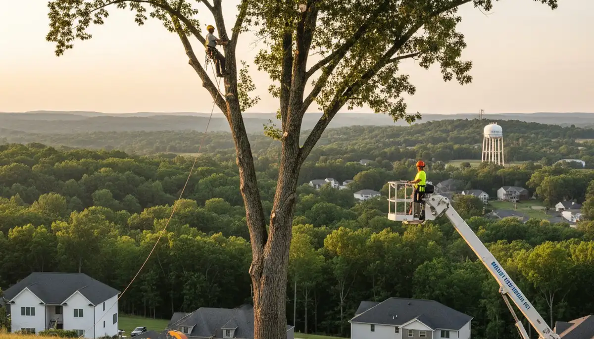 Professional tree removal service in Louisville KY safely cutting and clearing large oak trees