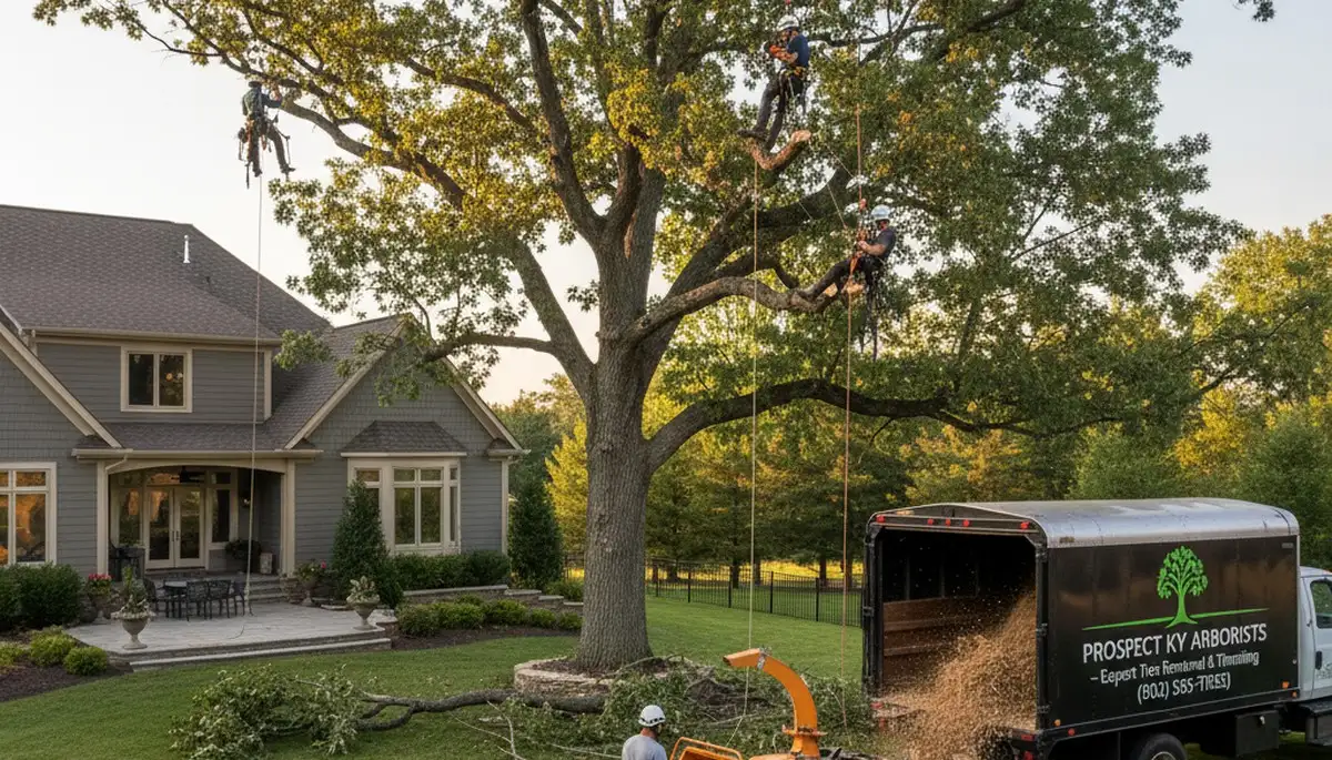 Professional tree removal service in Louisville KY safely clearing damaged oak near home