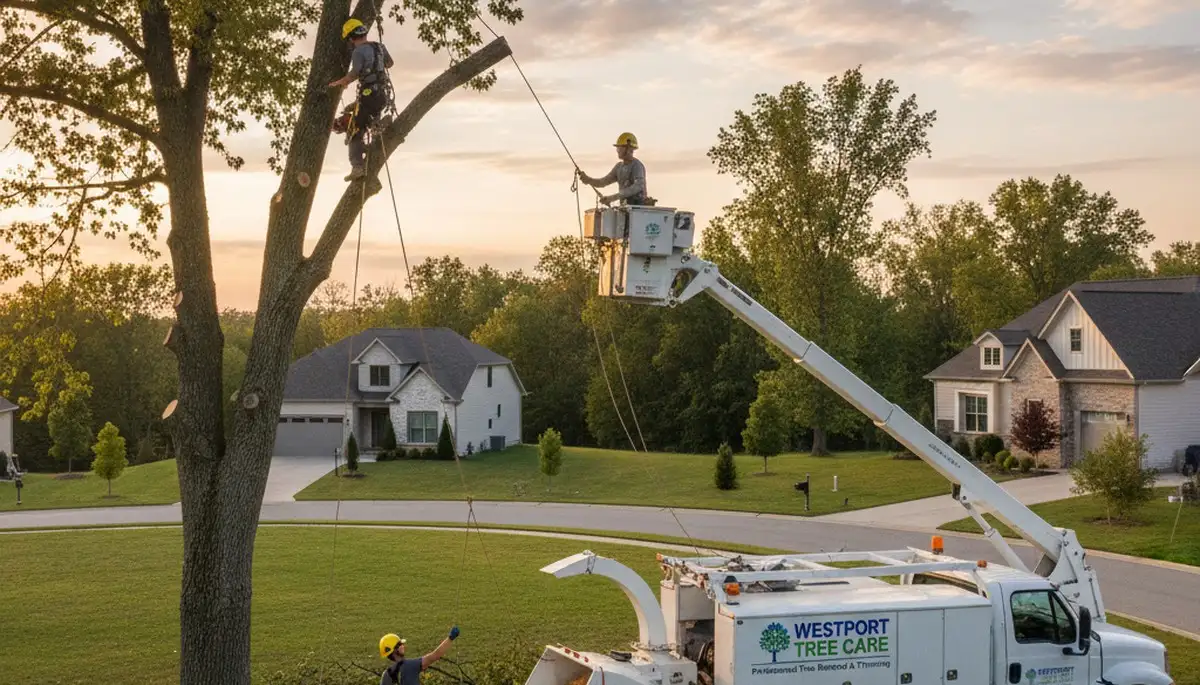Professional tree removal service in Louisville KY safely cutting and hauling large oak tree